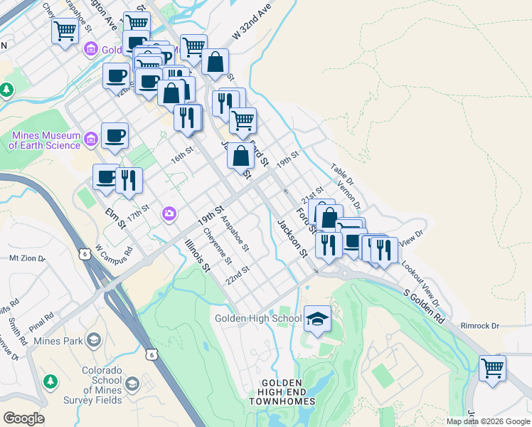 map of restaurants, bars, coffee shops, grocery stores, and more near 2011 Washington Avenue in Golden