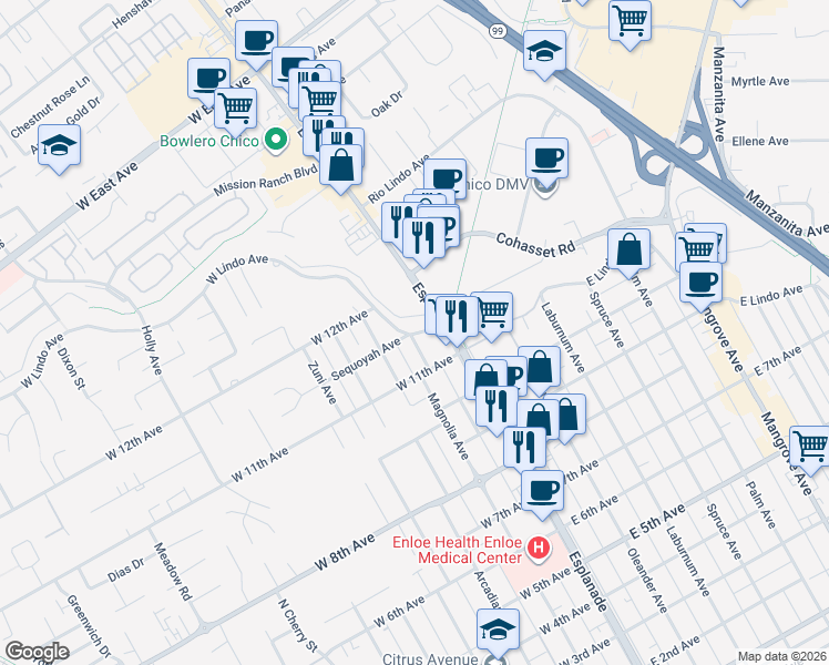 map of restaurants, bars, coffee shops, grocery stores, and more near 2129 Iroquois Avenue in Chico