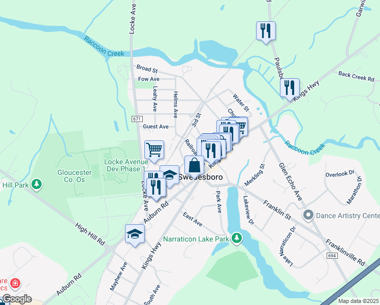map of restaurants, bars, coffee shops, grocery stores, and more near 422 2nd Street in Swedesboro