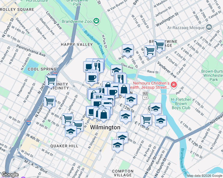 map of restaurants, bars, coffee shops, grocery stores, and more near 1209 North Orange Street in Wilmington