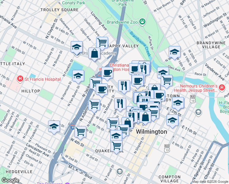 map of restaurants, bars, coffee shops, grocery stores, and more near 612W West 11th Street in Wilmington