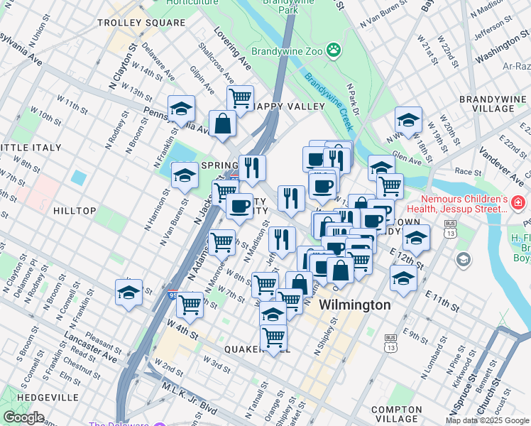 map of restaurants, bars, coffee shops, grocery stores, and more near 612W West 11th Street in Wilmington