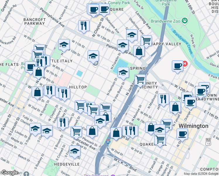 map of restaurants, bars, coffee shops, grocery stores, and more near 805 North Harrison Street in Wilmington