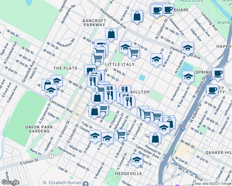 map of restaurants, bars, coffee shops, grocery stores, and more near 1608 West 5th Street in Wilmington
