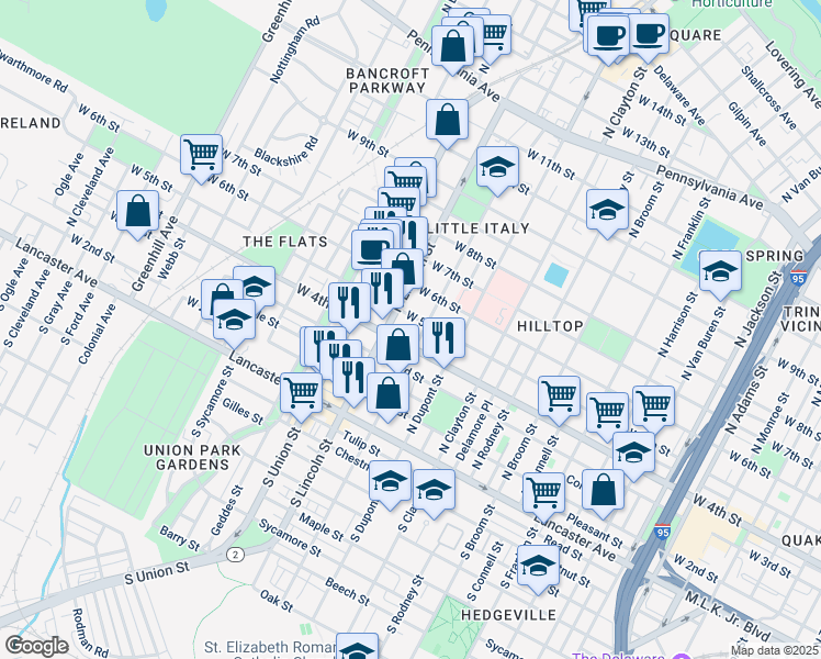 map of restaurants, bars, coffee shops, grocery stores, and more near 1824 West 4th Street in Wilmington