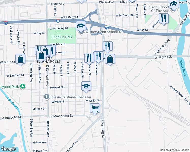 map of restaurants, bars, coffee shops, grocery stores, and more near 1332 Blaine Avenue in Indianapolis