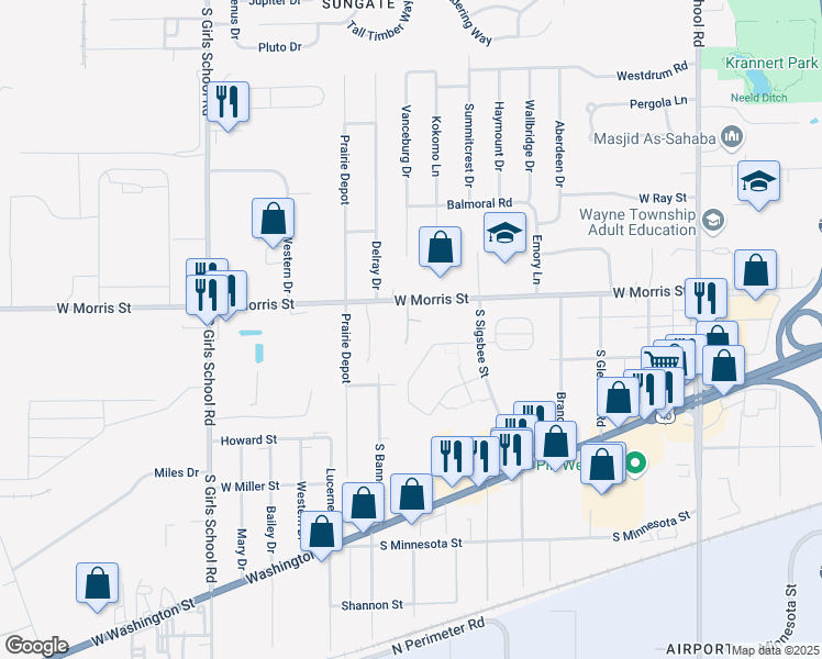 map of restaurants, bars, coffee shops, grocery stores, and more near 1280 Ginger Court in Indianapolis