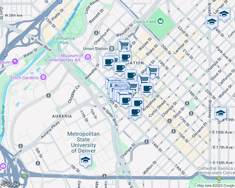 map of restaurants, bars, coffee shops, grocery stores, and more near 1445 Market Street in Denver