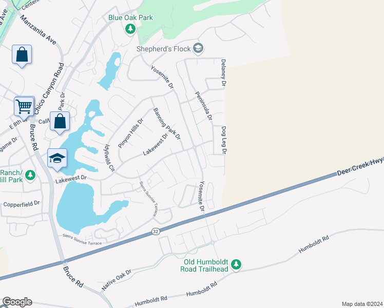 map of restaurants, bars, coffee shops, grocery stores, and more near 2 Goldeneye Court in Chico