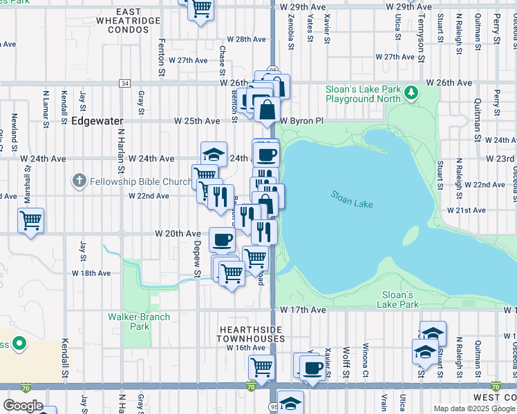 map of restaurants, bars, coffee shops, grocery stores, and more near 2060 Ames Street in Edgewater