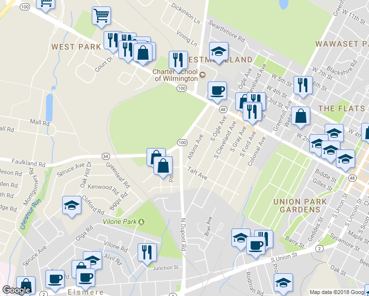 map of restaurants, bars, coffee shops, grocery stores, and more near 204 South Dupont Road in Wilmington