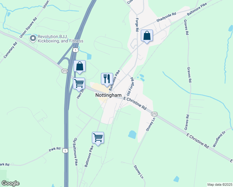 map of restaurants, bars, coffee shops, grocery stores, and more near 503 East Christine Road in Nottingham