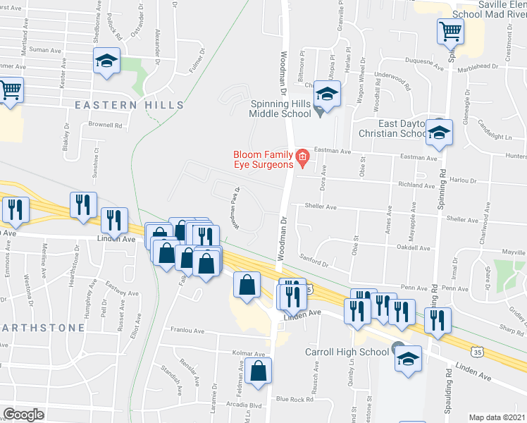 map of restaurants, bars, coffee shops, grocery stores, and more near 4900 Woodman Park Dr in Dayton