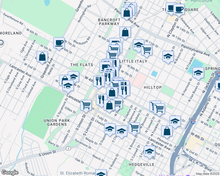 map of restaurants, bars, coffee shops, grocery stores, and more near 1824 West 4th Street in Wilmington