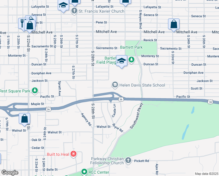 map of restaurants, bars, coffee shops, grocery stores, and more near 2900 Scott Street in Saint Joseph