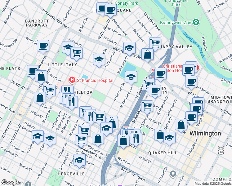 map of restaurants, bars, coffee shops, grocery stores, and more near 805 North Harrison Street in Wilmington