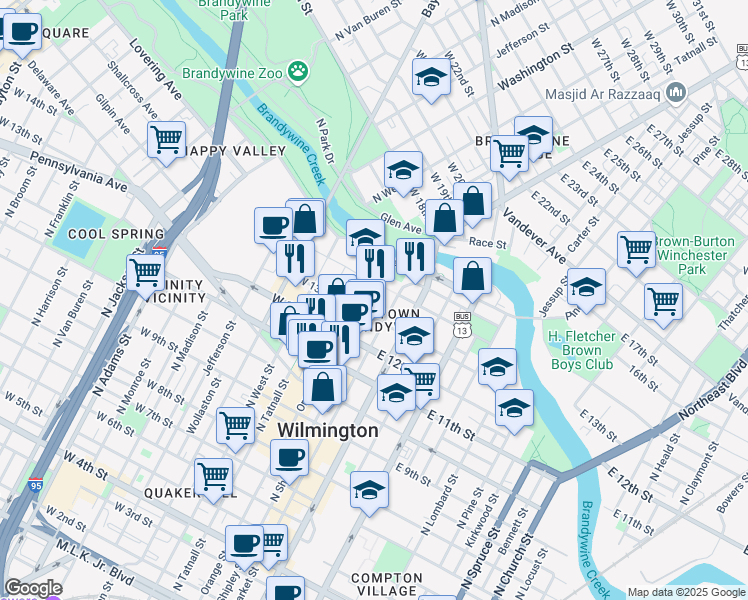 map of restaurants, bars, coffee shops, grocery stores, and more near 1201 North Market Street in Wilmington