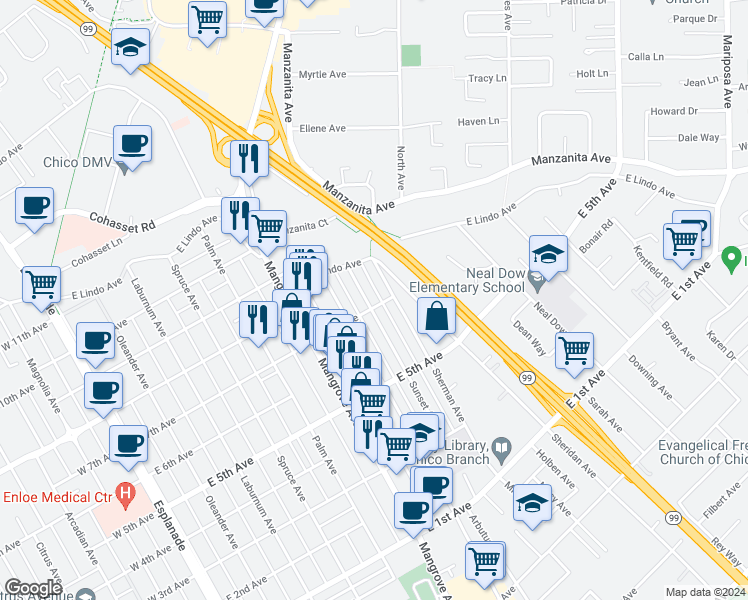 map of restaurants, bars, coffee shops, grocery stores, and more near 1704 Sunset Avenue in Chico