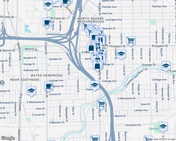map of restaurants, bars, coffee shops, grocery stores, and more near 1337 Ringgold Avenue in Indianapolis
