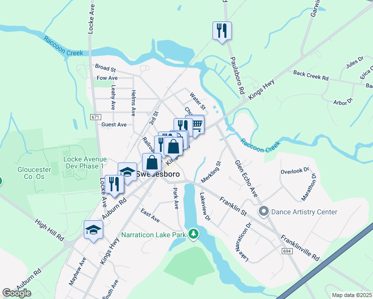 map of restaurants, bars, coffee shops, grocery stores, and more near 1316 Kings Highway in Swedesboro