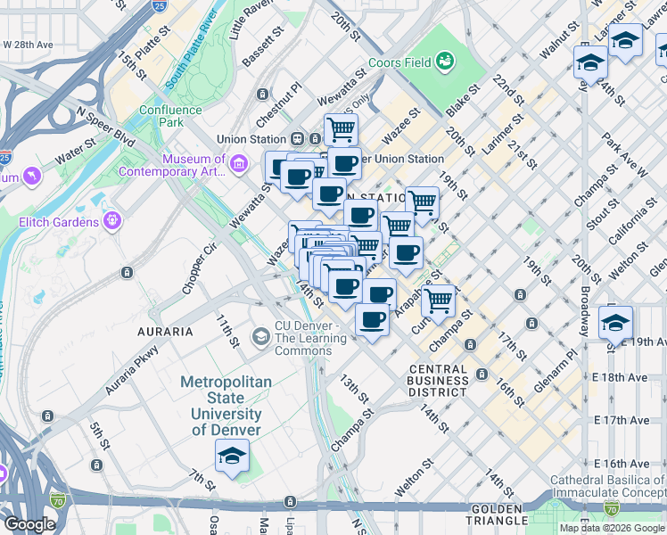 map of restaurants, bars, coffee shops, grocery stores, and more near 15th Street in Denver