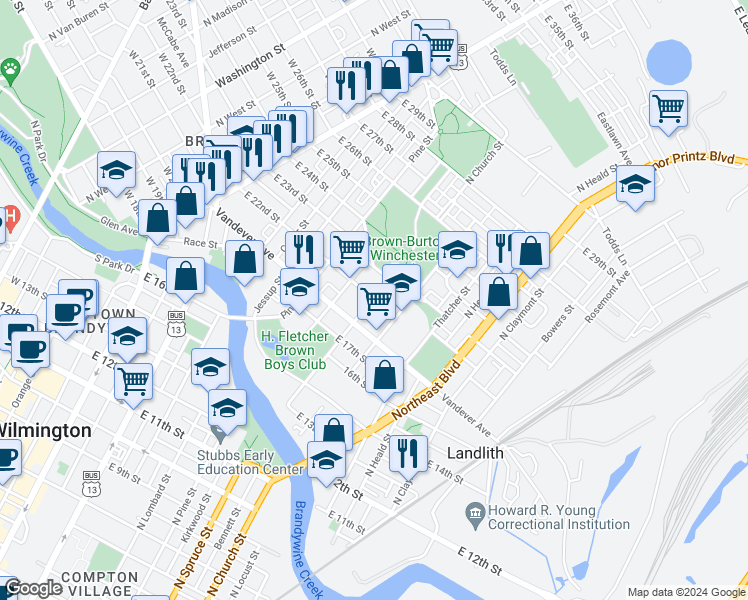 map of restaurants, bars, coffee shops, grocery stores, and more near 802 E 22nd St in Wilmington