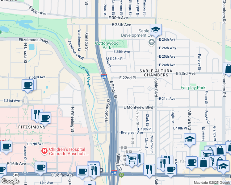 map of restaurants, bars, coffee shops, grocery stores, and more near 2220 Billings Street in Aurora