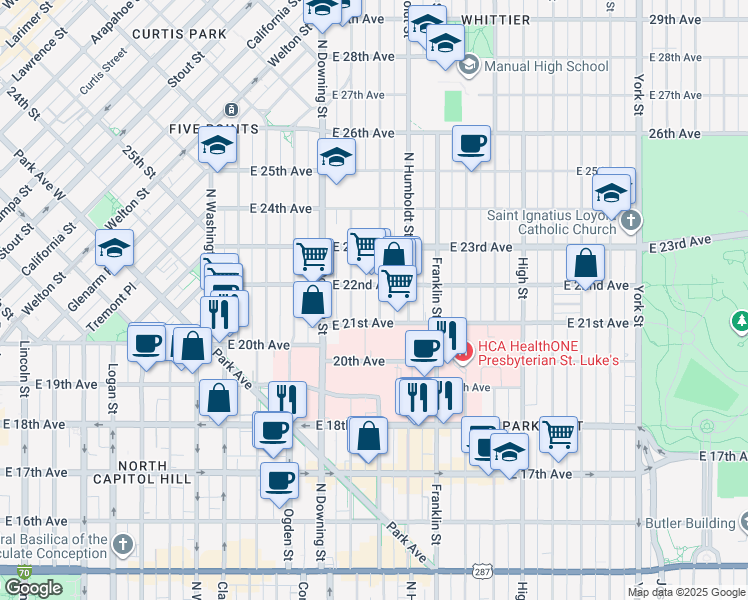 map of restaurants, bars, coffee shops, grocery stores, and more near 2108 North Marion Street in Denver