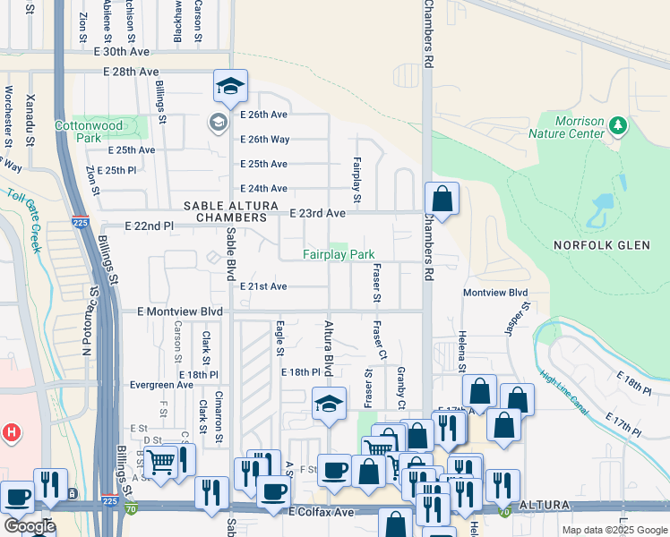 map of restaurants, bars, coffee shops, grocery stores, and more near 2121 Fairplay Street in Aurora