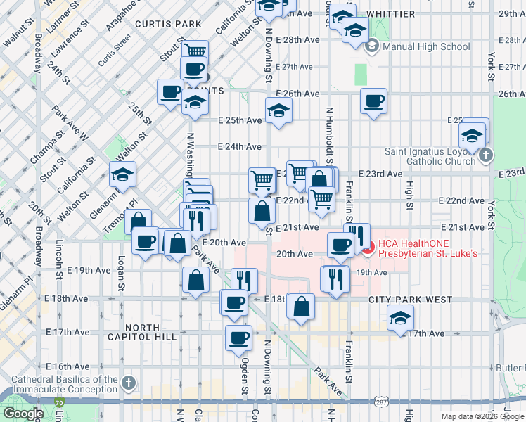 map of restaurants, bars, coffee shops, grocery stores, and more near 2100 North Downing Street in Denver