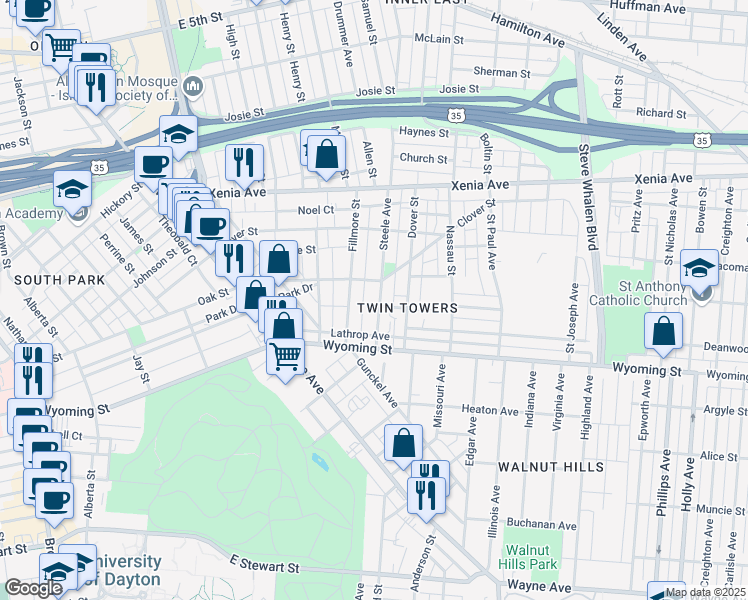 map of restaurants, bars, coffee shops, grocery stores, and more near 829 Steele Avenue in Dayton