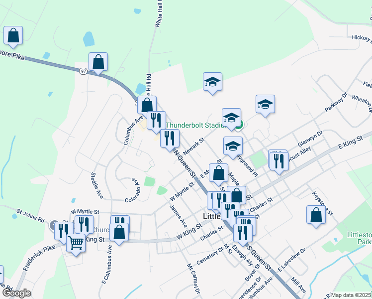 map of restaurants, bars, coffee shops, grocery stores, and more near 22 Newark Street in Littlestown