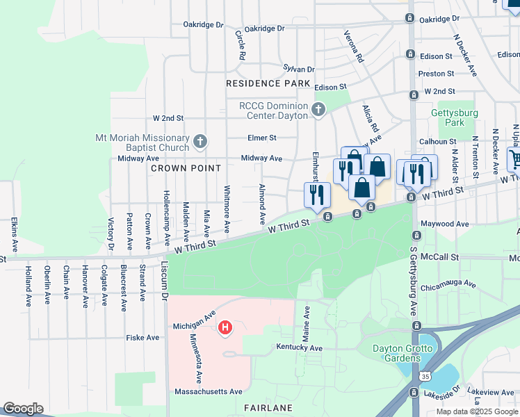 map of restaurants, bars, coffee shops, grocery stores, and more near 97 Almond Avenue in Dayton