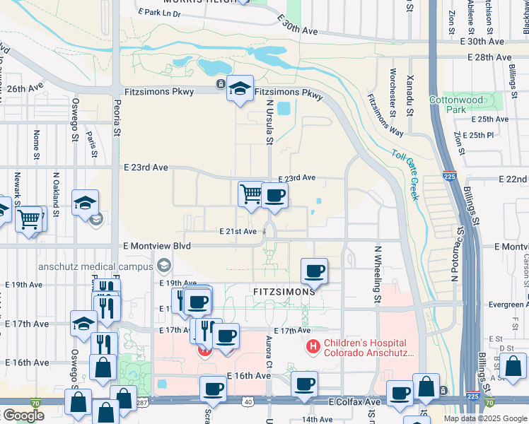 map of restaurants, bars, coffee shops, grocery stores, and more near 2101 North Ursula Street in Aurora