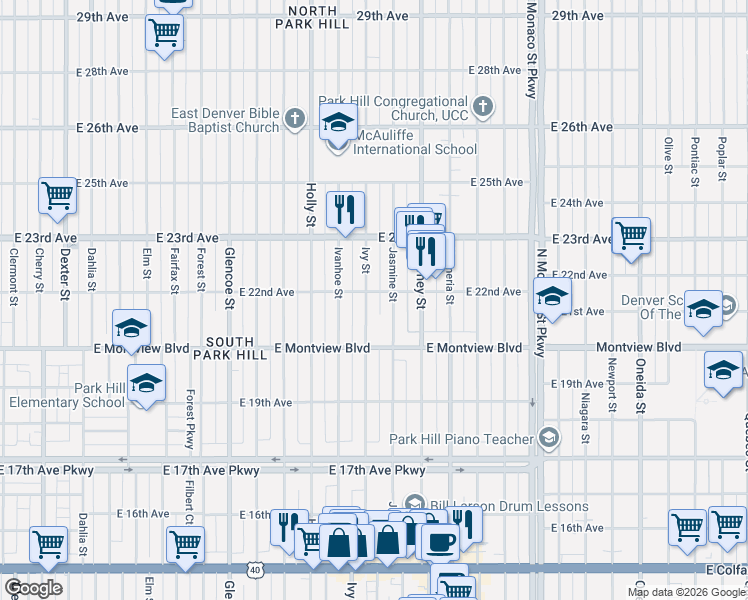map of restaurants, bars, coffee shops, grocery stores, and more near 2057 Jasmine Street in Denver