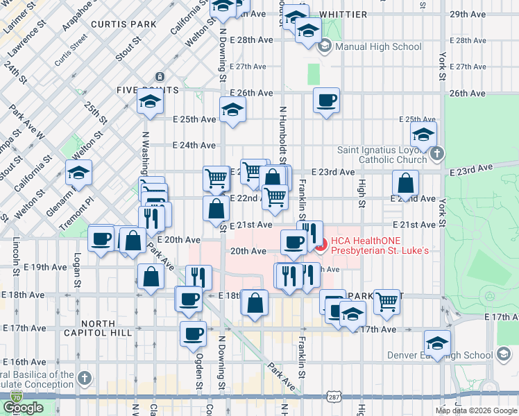map of restaurants, bars, coffee shops, grocery stores, and more near 2108 North Marion Street in Denver