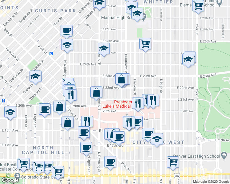 map of restaurants, bars, coffee shops, grocery stores, and more near 2108 North Marion Street in Denver