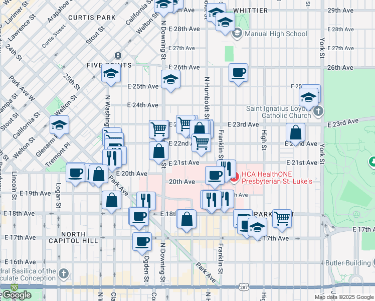 map of restaurants, bars, coffee shops, grocery stores, and more near 2108 North Marion Street in Denver