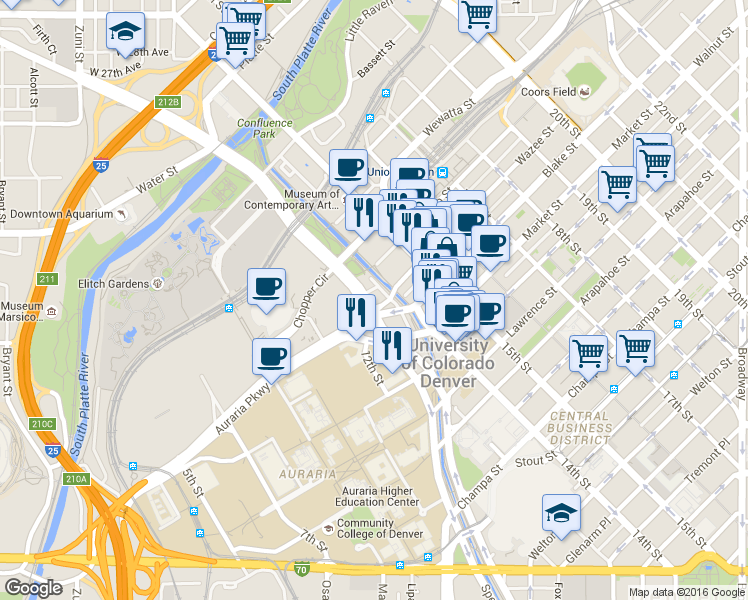 map of restaurants, bars, coffee shops, grocery stores, and more near 1314 Auraria Parkway in Denver