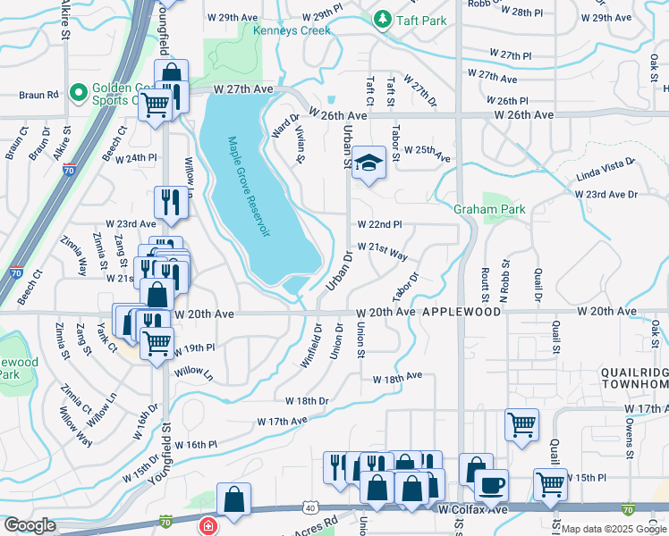 map of restaurants, bars, coffee shops, grocery stores, and more near 2055 Urban Drive in Lakewood