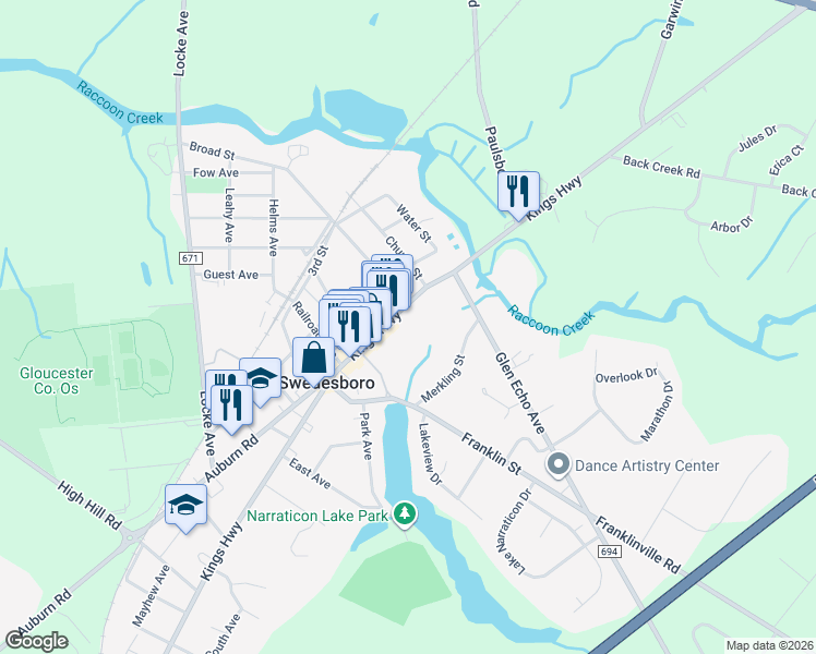map of restaurants, bars, coffee shops, grocery stores, and more near 45 Franklin Street in Swedesboro