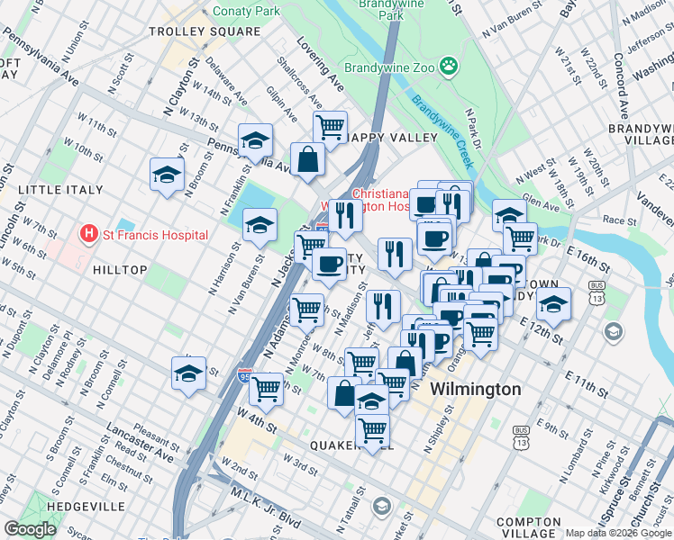 map of restaurants, bars, coffee shops, grocery stores, and more near in Wilmington