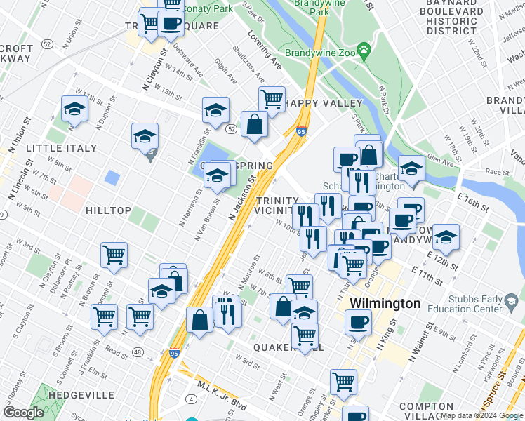 map of restaurants, bars, coffee shops, grocery stores, and more near 829 West 9th Street in Wilmington