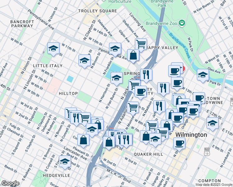 map of restaurants, bars, coffee shops, grocery stores, and more near in Wilmington