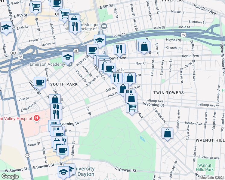 map of restaurants, bars, coffee shops, grocery stores, and more near 319 Park Drive in Dayton