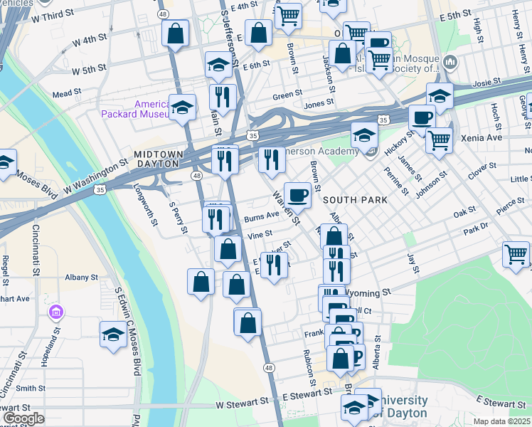 map of restaurants, bars, coffee shops, grocery stores, and more near 37 Vine Street in Dayton