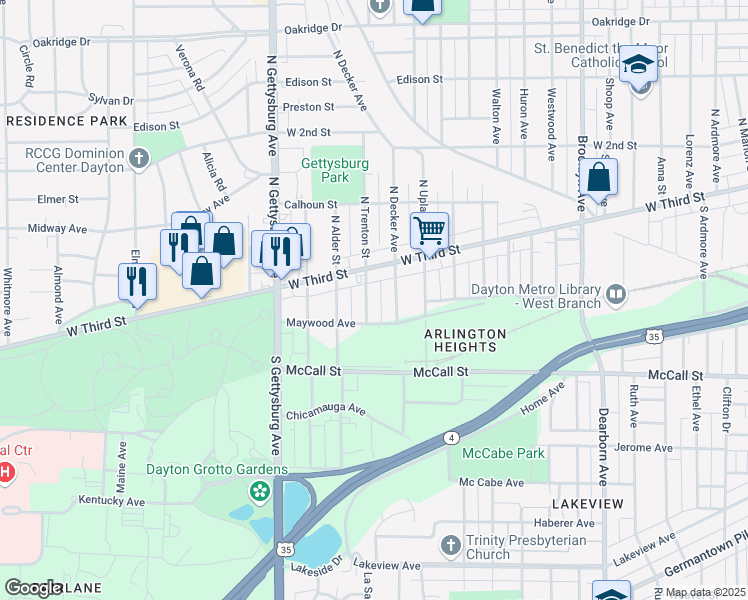 map of restaurants, bars, coffee shops, grocery stores, and more near 58 South Trenton Street in Dayton