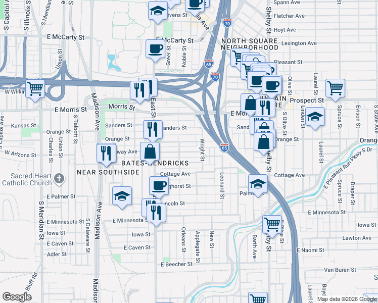 map of restaurants, bars, coffee shops, grocery stores, and more near 730 Terrace Avenue in Indianapolis