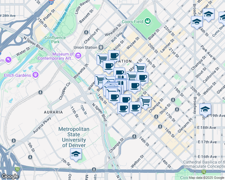 map of restaurants, bars, coffee shops, grocery stores, and more near 1228 Larimer Street in Denver