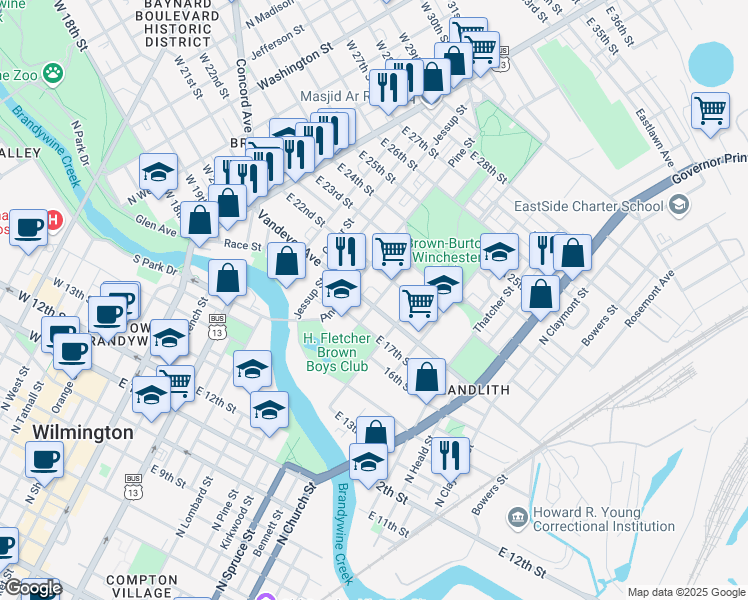 map of restaurants, bars, coffee shops, grocery stores, and more near 639 Vandever Avenue in Wilmington